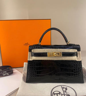Hermès Mini Kelly Black Shiny Alligator Gold Hardware