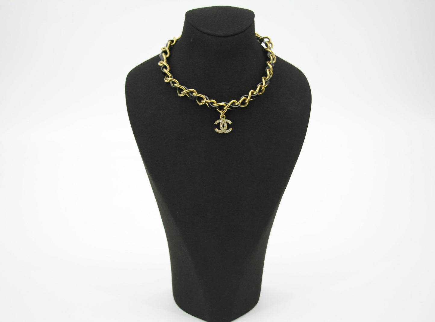 Chanel Vintage 95P Rhinestone Gold-plated Black Leather Chain CC Choker