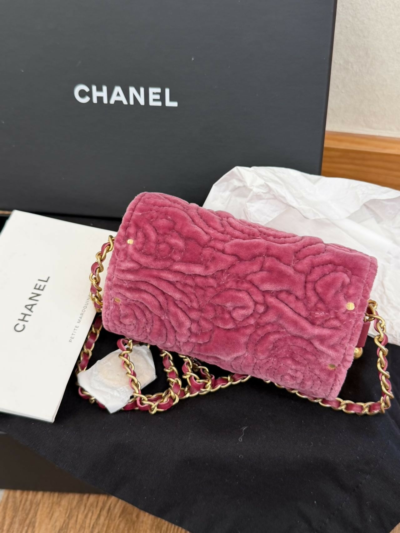 Chanel Runway Camellia Crushed Velvet Mini Flap Bag with Gold Hardware