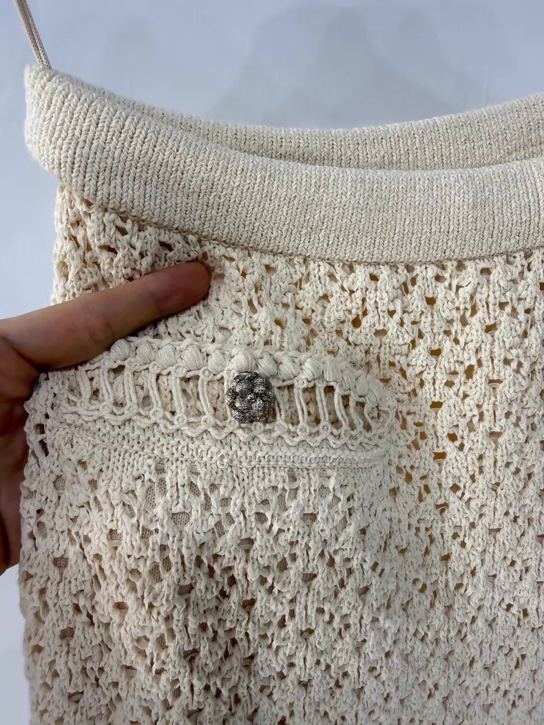 Chanel off-white openwork knit midi skirt