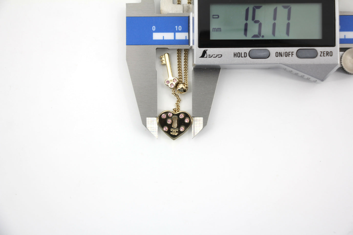 Chanel Vintage 02P Rhinestone Pink Heart Key Metal Necklace