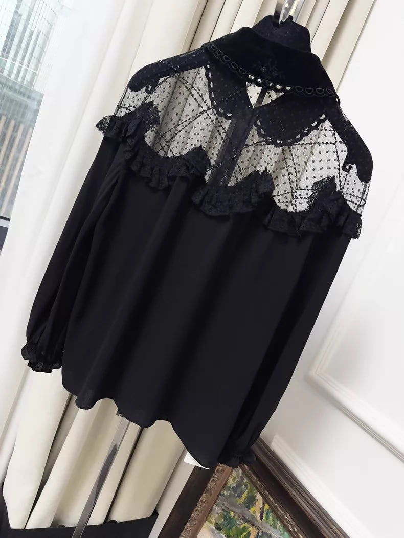 Miu Miu black silk and lace-trimmed shirt