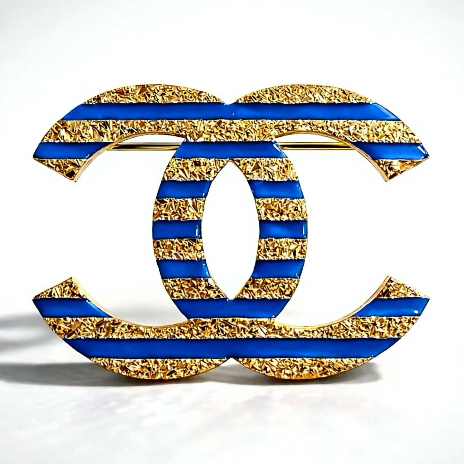 Chanel 19C La Pausa Large Gold Blue Stripe CC Brooch