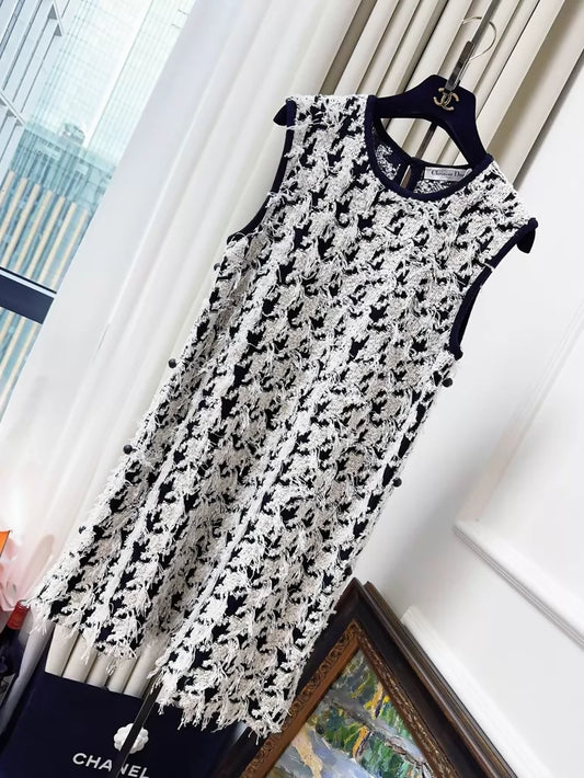 Dior black  white fringed houndstooth dress