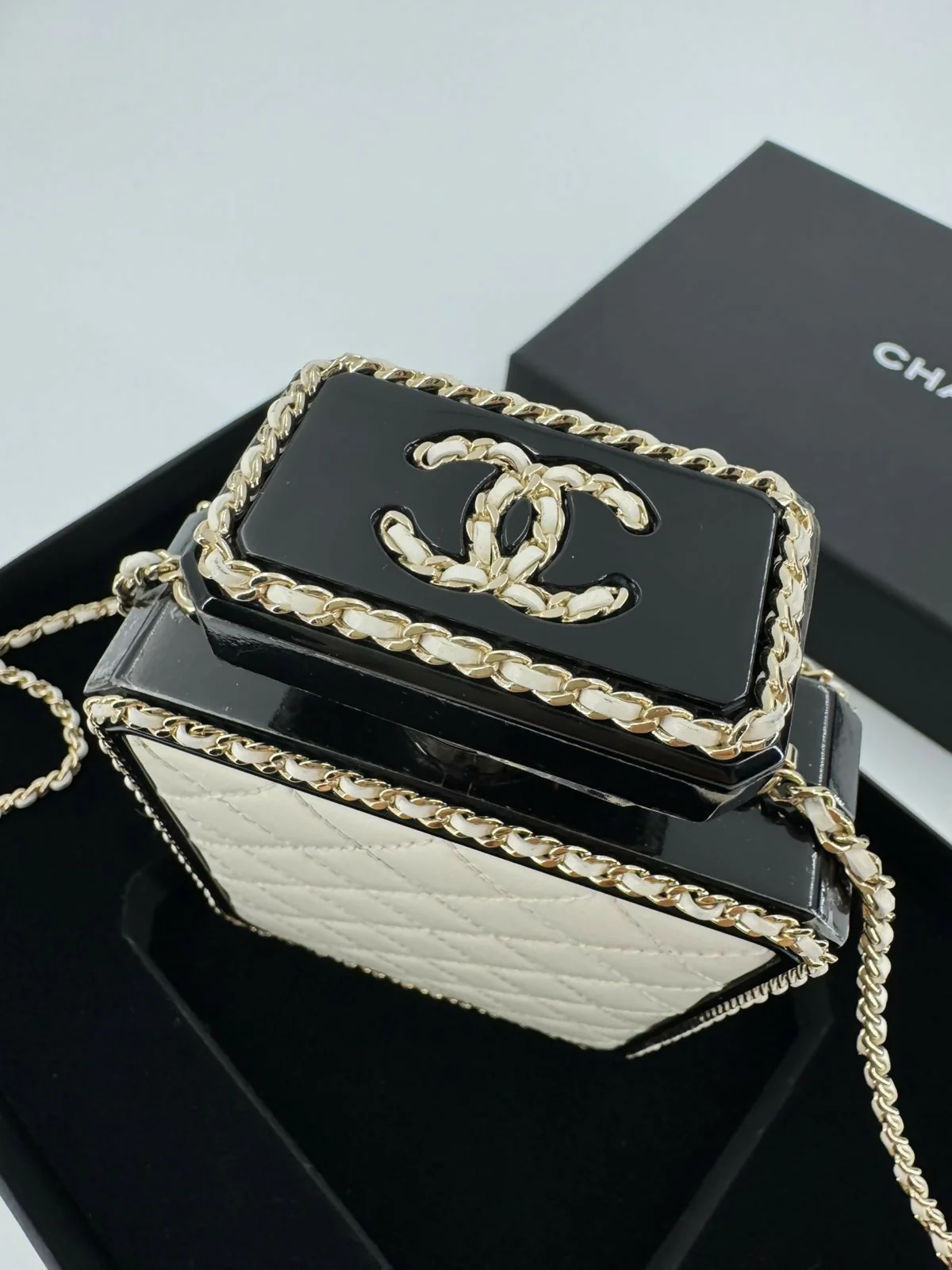 Chanel 22S Plexiglass Black Quilted Leather and White Perspex Perfume Bottle Minaudière Mini Flap Bag