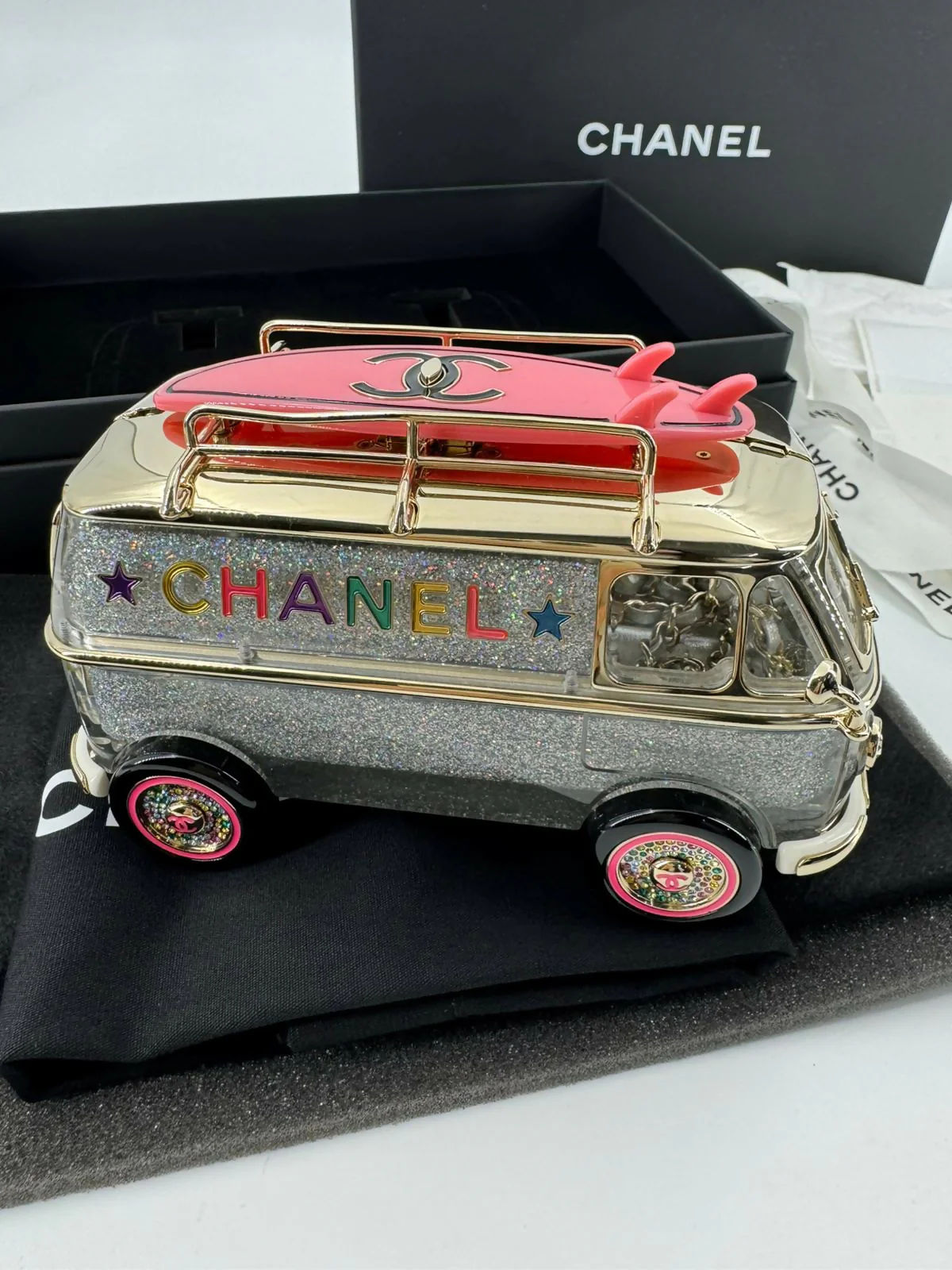 Chanel 2024 Glitter Lucite, Multicolor Rhinestone & Enamel Hollywood Mini Van