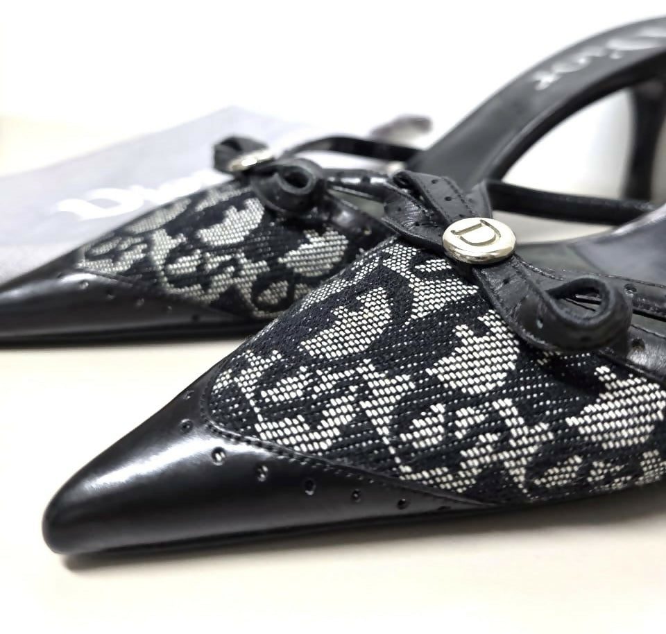 VINTAGE Y2K DIOR TROTTER MONOGRAM BOW POINTED MULE KITTEN HEELS IT 37.5 US 7.5