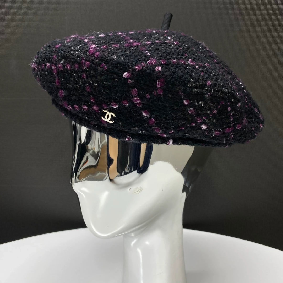 Chanel purple and black tweed sequined beret