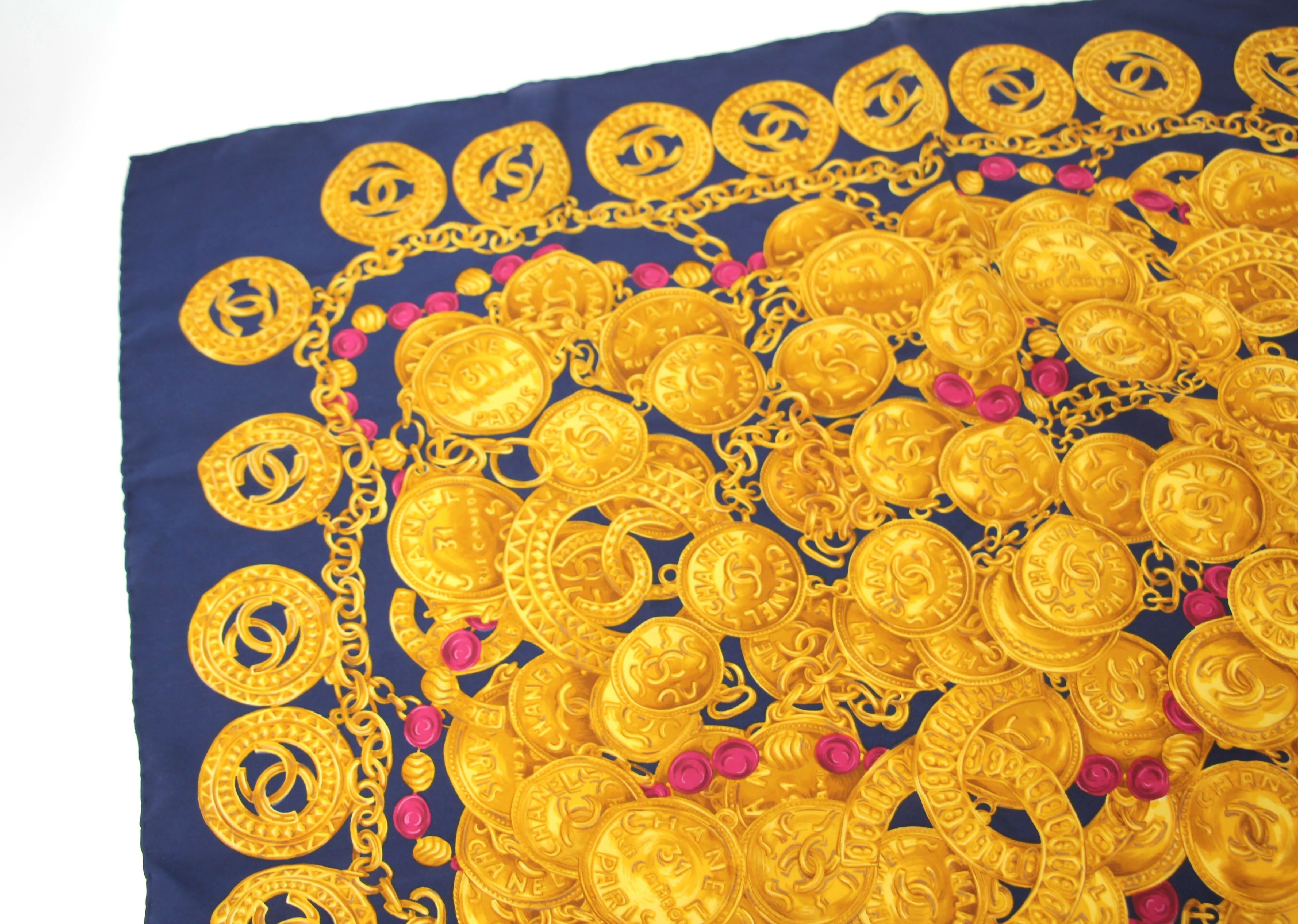 Chanel 100% Silk Navy Blue Chain and Gold Coin Pattern Scarf