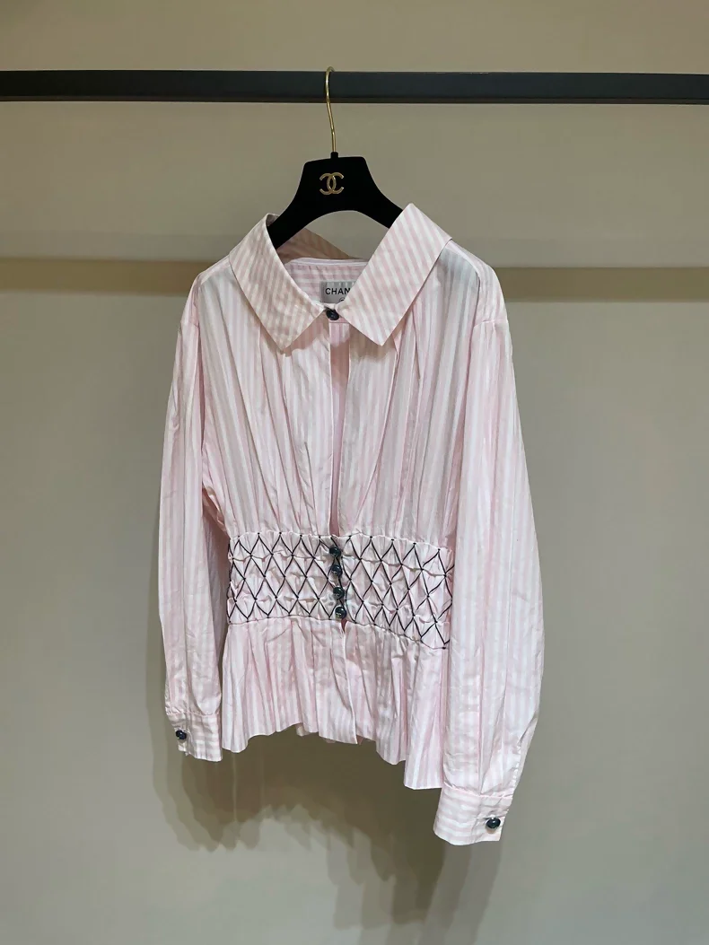 Chanel 19C Pink Striped Pleated Blouse
