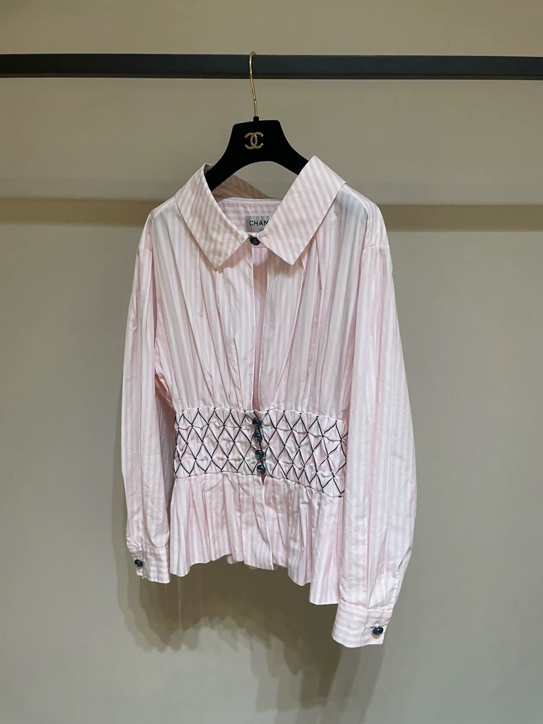 Chanel 19C Pink Striped Pleated Blouse