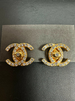 Chanel Vintage 96A Rhinestone  Gold-plated Backpack Buckle CC Clip-on Earrings