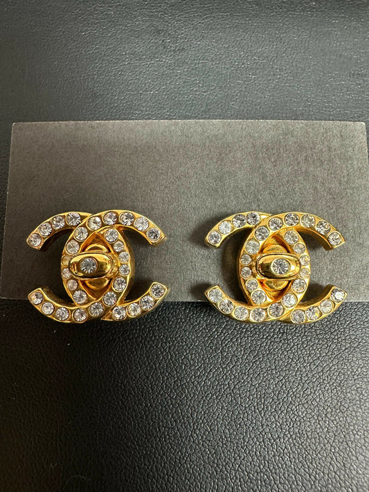 Chanel Vintage 96A Rhinestone  Gold-plated Backpack Buckle CC Clip-on Earrings