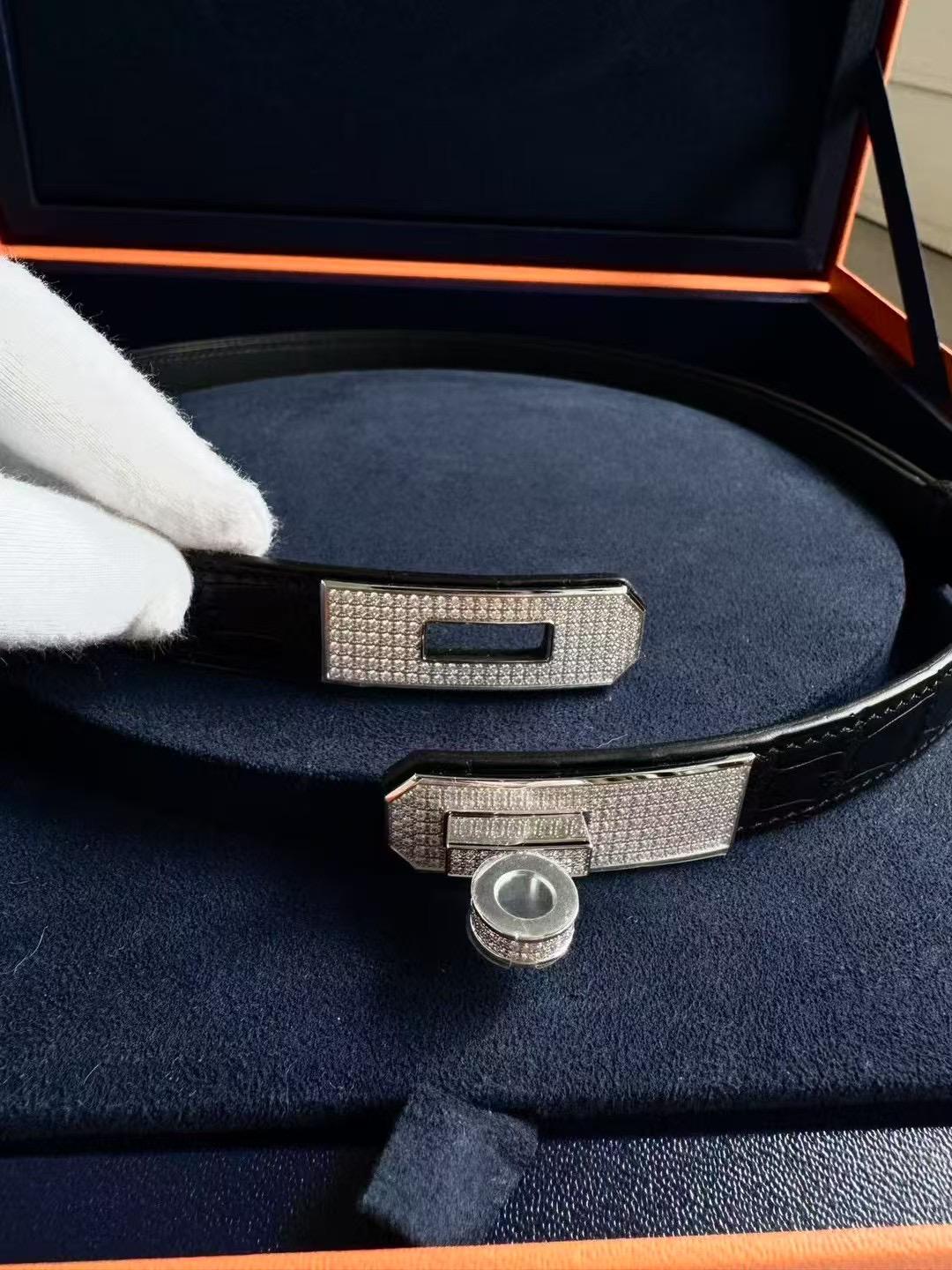 Hermes White Gold Diamond Matte Alligator Kelly Belt Black