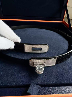 Hermes White Gold Diamond Matte Alligator Kelly Belt Black
