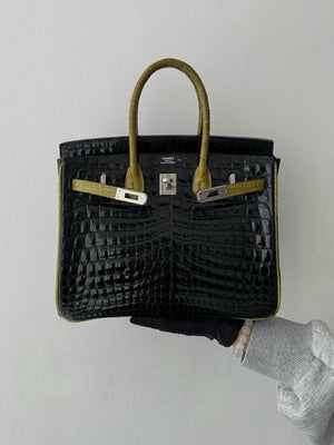 Hermès Birkin 30 black  Green shiny crocodile leather palladium hardware