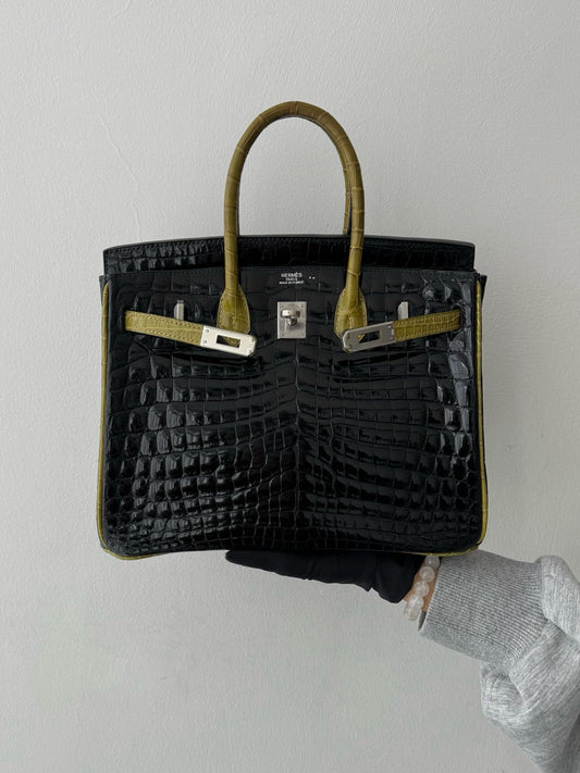 Hermès Birkin 30 black  Green shiny crocodile leather palladium hardware