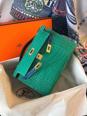 Hermès Kelly mini pochette Green emerald  Bleu Zellige matte crocodile leather gold hardware