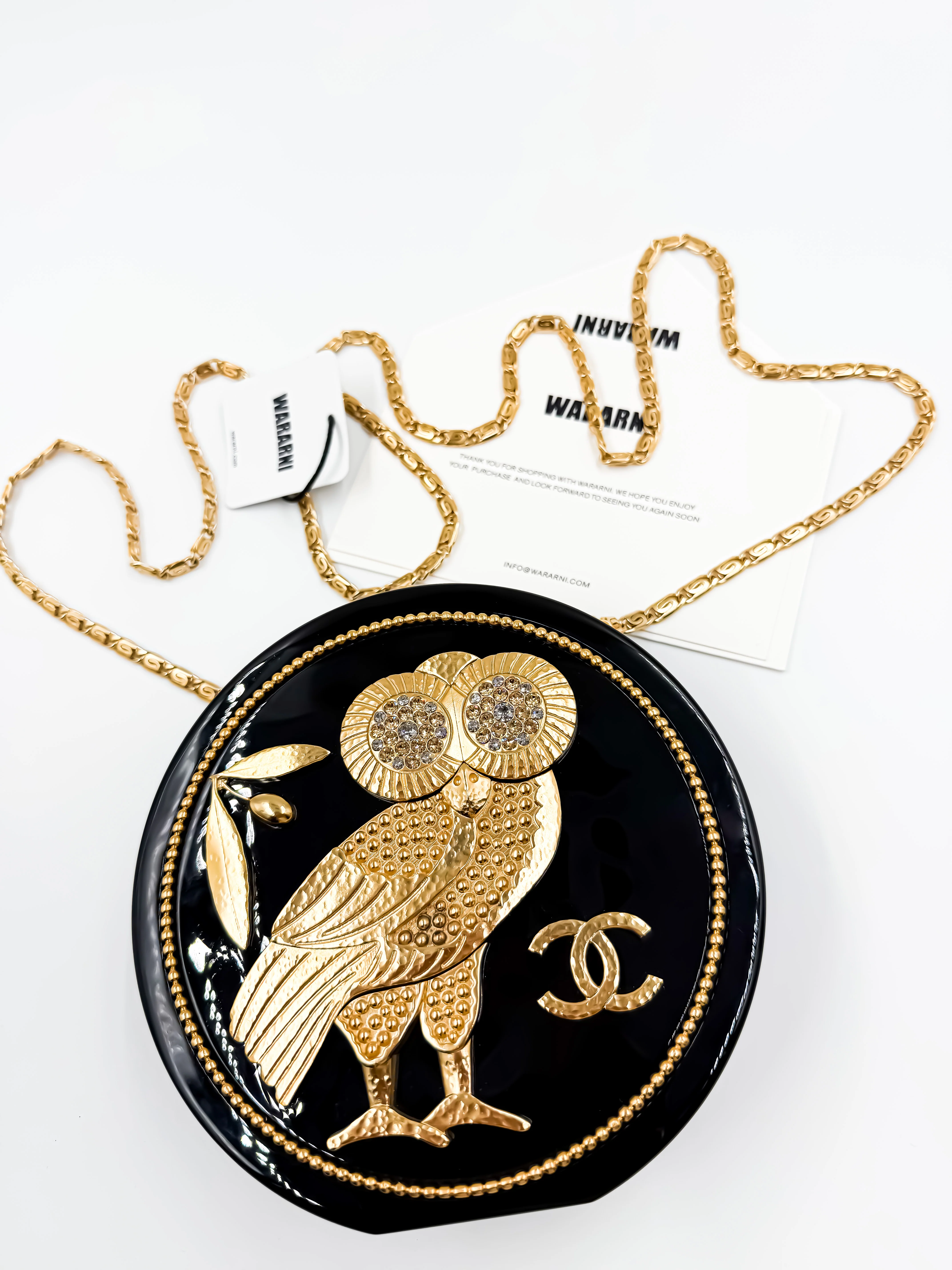 Chanel 18C Black Plexiglass & Gold Owl Gold-Tone Hardware Minaudière