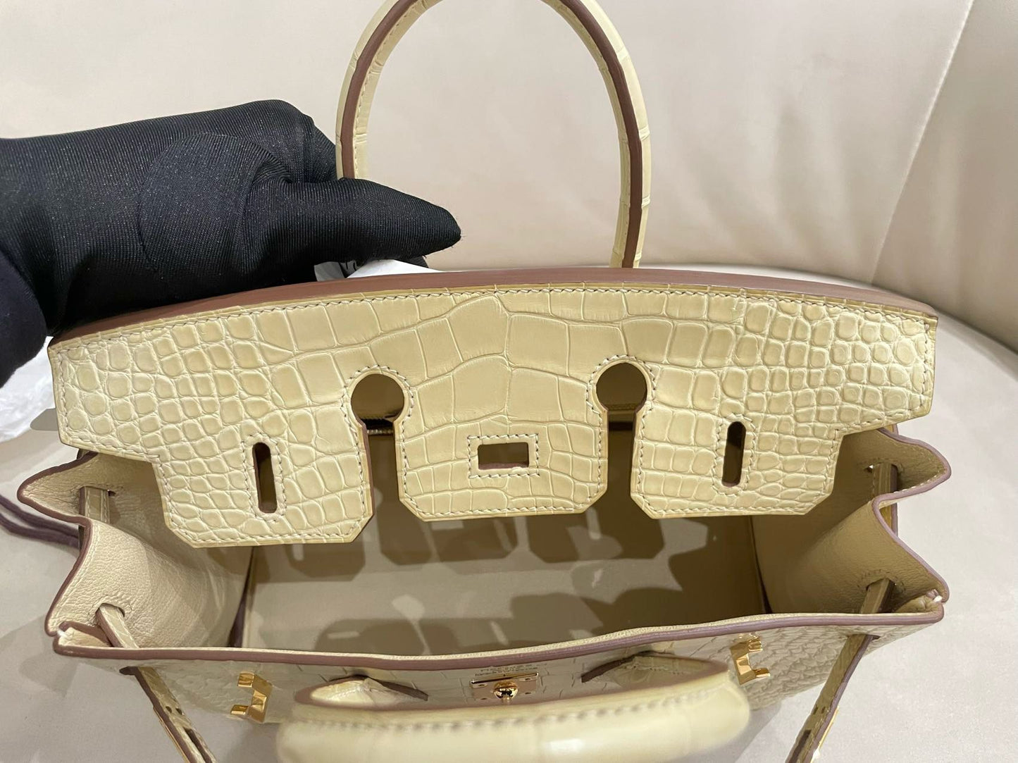 Hermes Birkin 25 Y1 Vanille Matte Crocodile Leather Gold Hardware