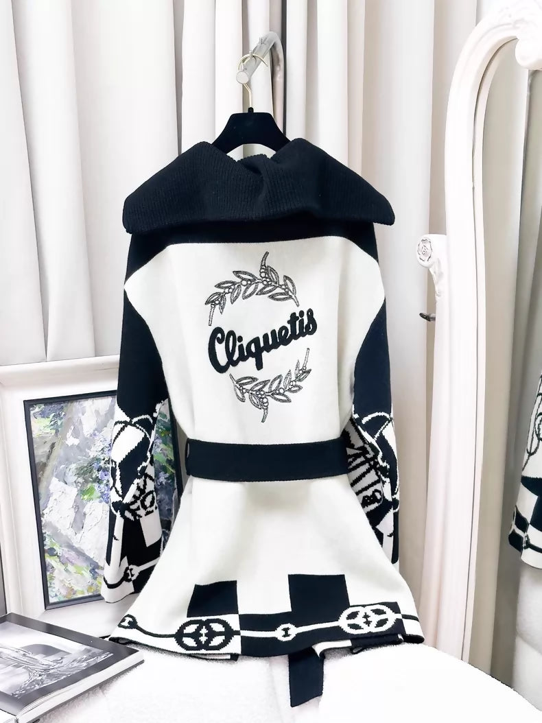 Hermes black and white cashmere knit cardigan/robe jacket with belt