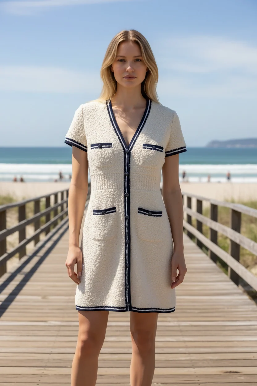 Chanel 19P Sand by the Sea Fantasy Tweed Ivory Navy Short Sleeve Dress FR 36