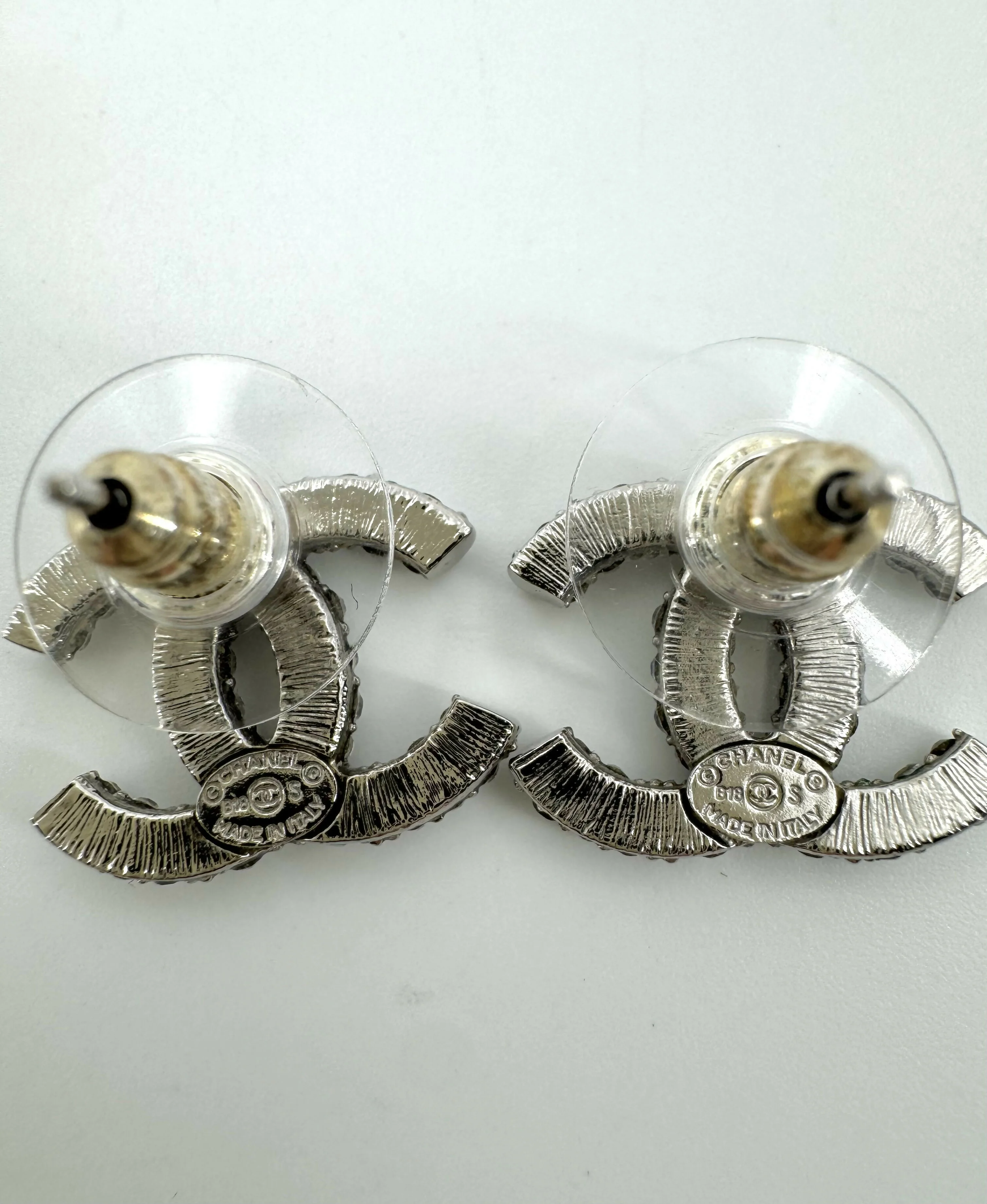 Chanel B18S Rhinestone Classic Silver CC Stud Earrings