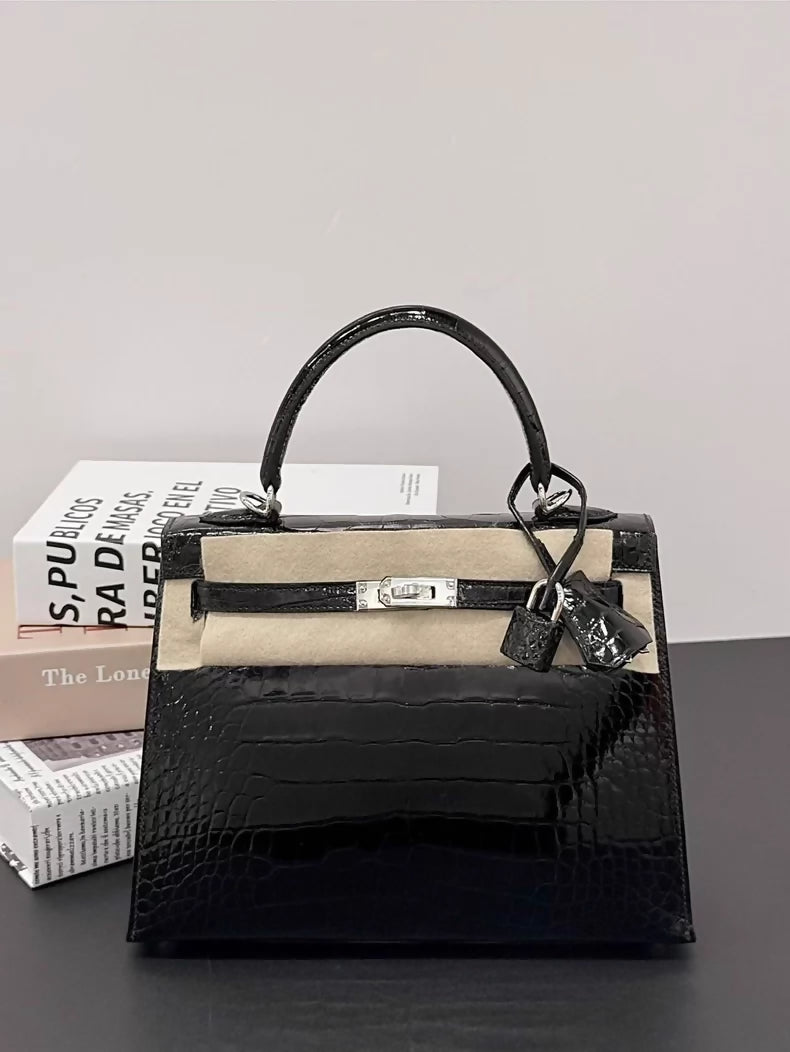 Hermès Kelly 25 black shiny crocodile leather palladium hardware