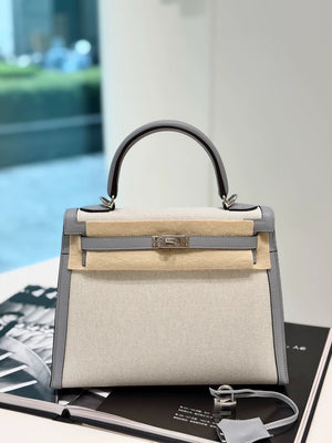 Hermes Kelly 25 toile  grey swift leather palladium hardware
