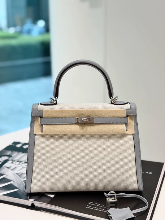 Hermes Kelly 25 toile  grey swift leather palladium hardware