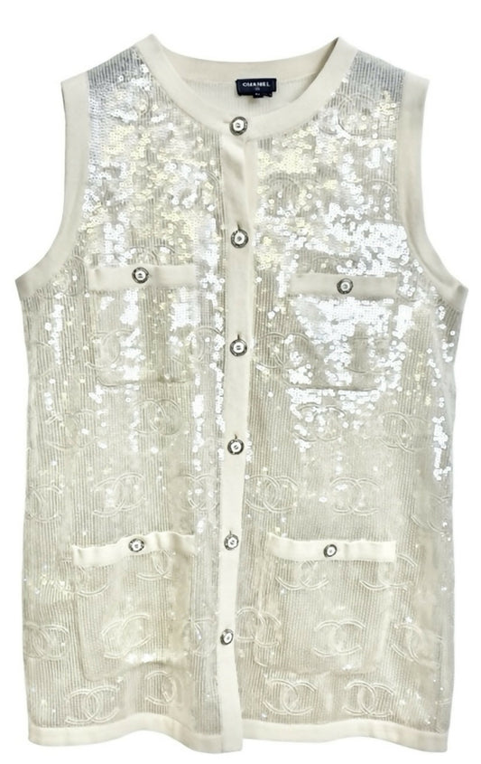 Rare Chanel 22S CC Iridescent Sequin Cream Mini Dress Cardigan Vest FR 40