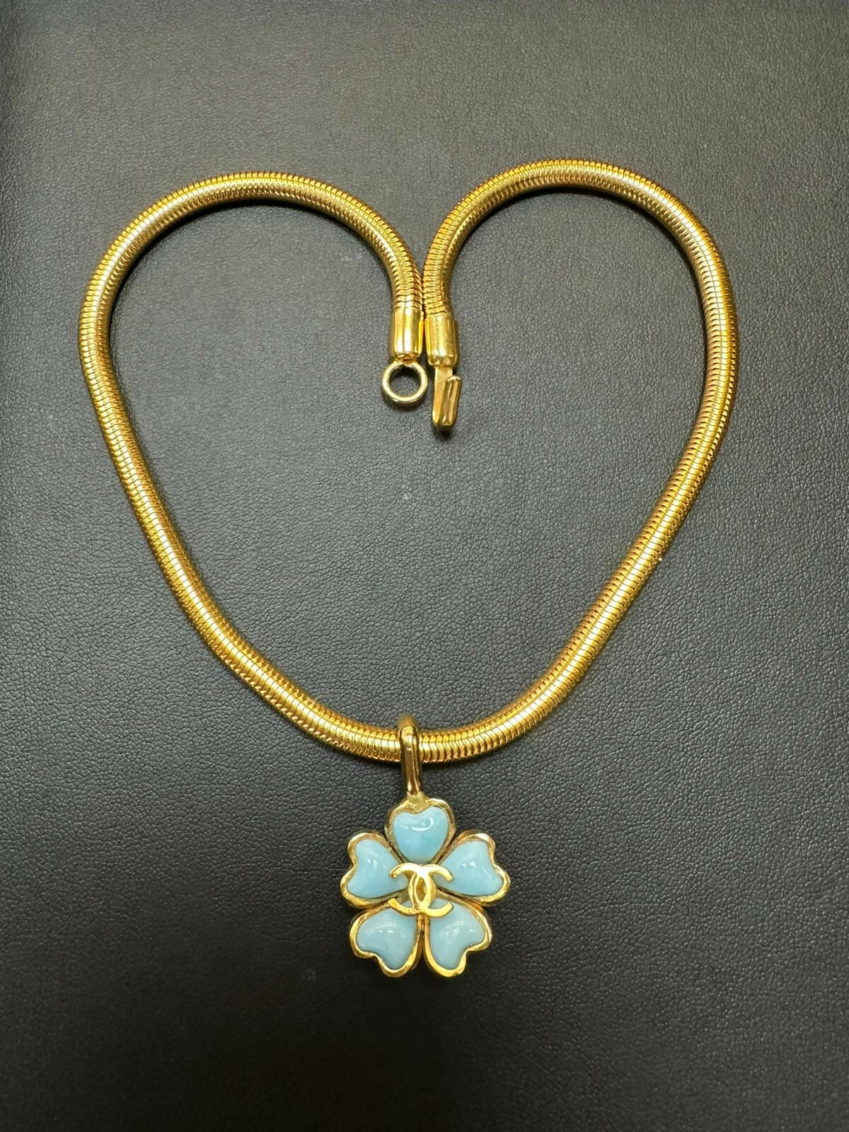 Chanel Vintage 97P Gripoix Gold Plated Pastel Blue Camellias Pendant Necklace