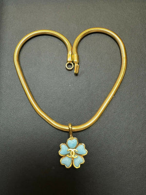 Chanel Vintage 97P Gripoix  Gold Plated Pastel Blue Camellias Pendant Necklace