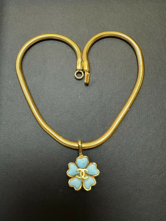 Chanel Vintage 97P Gripoix  Gold Plated Pastel Blue Camellias Pendant Necklace