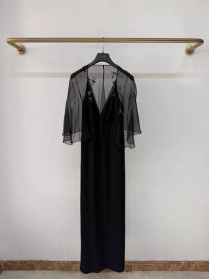 Dior black bee rhinestone embroidered evening gown