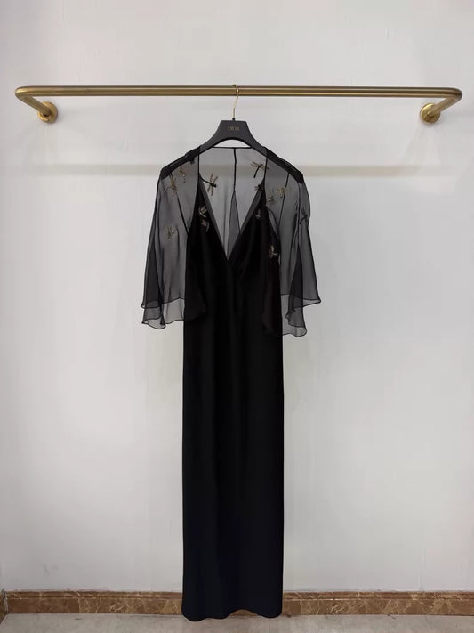 Dior black bee rhinestone embroidered evening gown