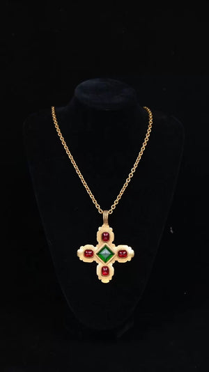 Vintage Chanel 1991 Red and Green Glass Cross Pendant Necklace