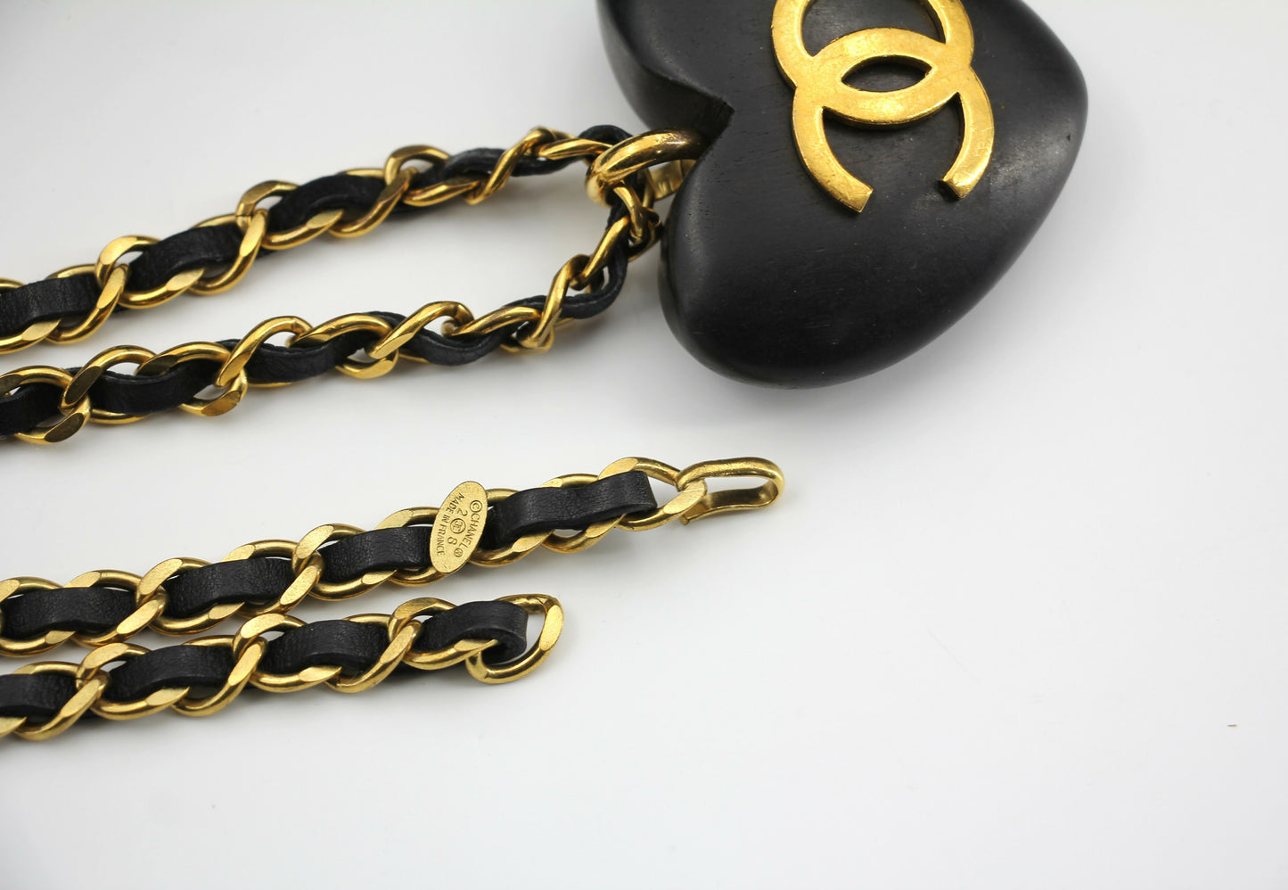 Chanel Vintage 91 Wooden Heart CC  Leather Chain Necklace