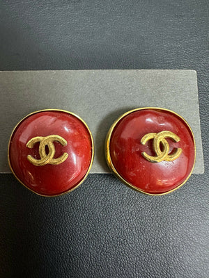 Chanel Vintage 98 Imitation Beeswax Red  Gold-Tone CC Clip-On Earrings