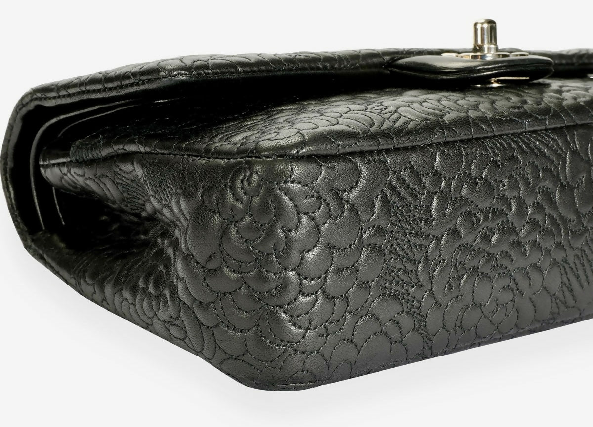 Chanel Medium Double Flap Black Camellia Lambskin Classic Timeless Bag SHW