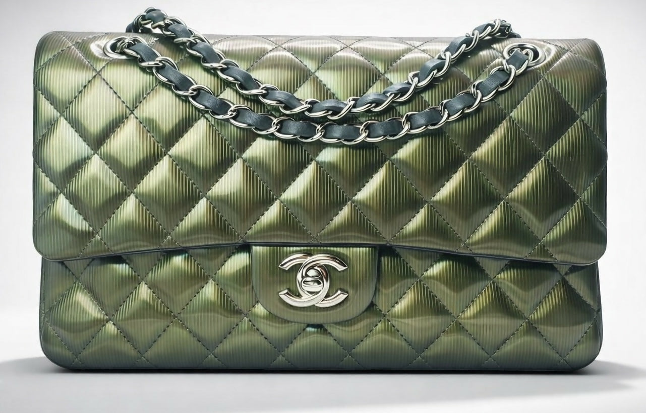 Chanel Medium Double Flap Green Straited Patent Leather Timeless Classic Bag SHW