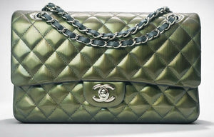 Chanel Medium Double Flap Green Straited Patent Leather Timeless Classic Bag SHW