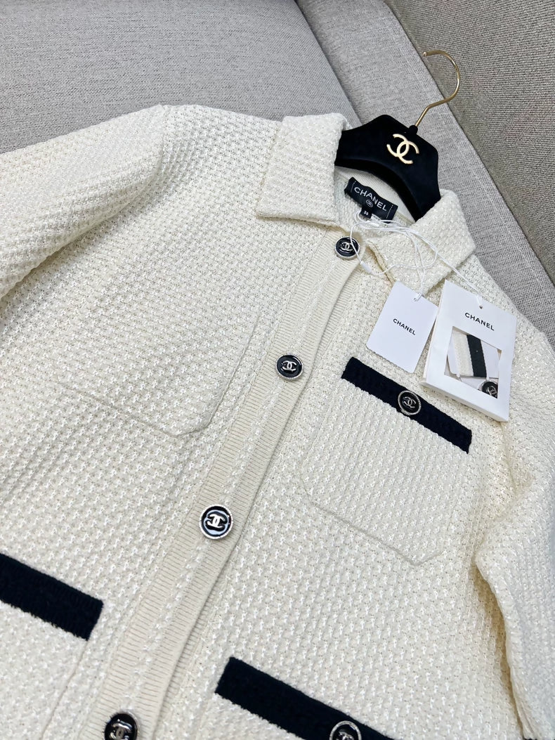 Chanel off-white knit three-pocket cardigan