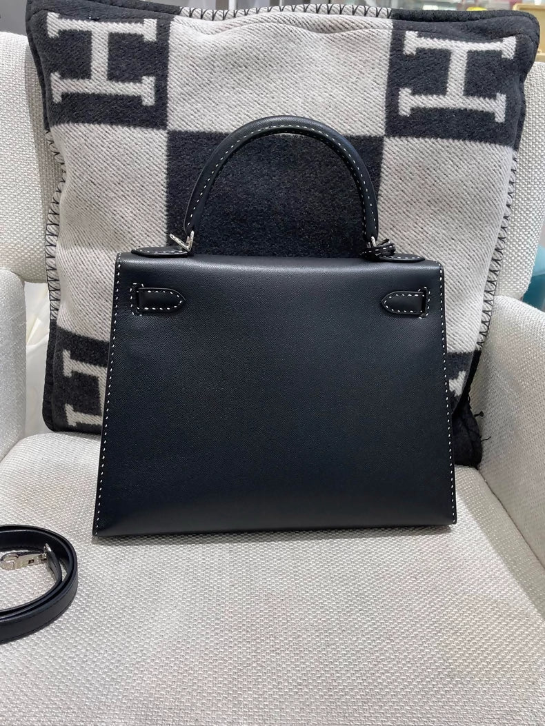 Hermes Kelly 28 Black Epsom leather with white stitching palladium hardware