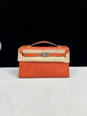 Hermes Kelly pochette Indian red matte alligator leather with palladium hardware