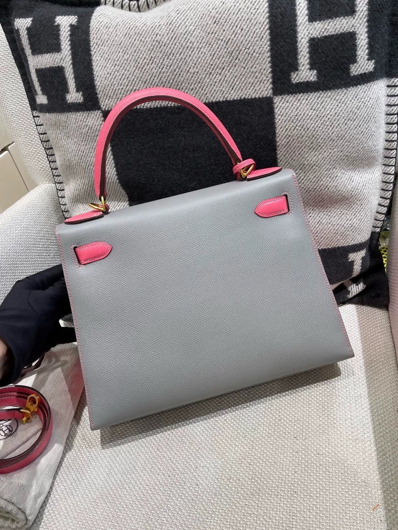 Hermes Kelly 28 Grey  Pink Epsom Leather with brushed gold hardware