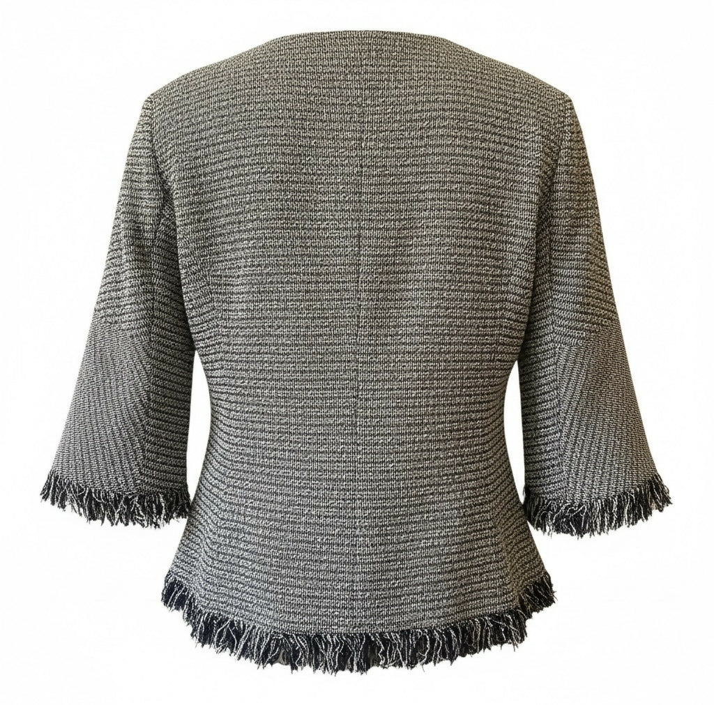 Chanel 18P Black White Ecru Boucle Tweed Fringe Jacket FR 44