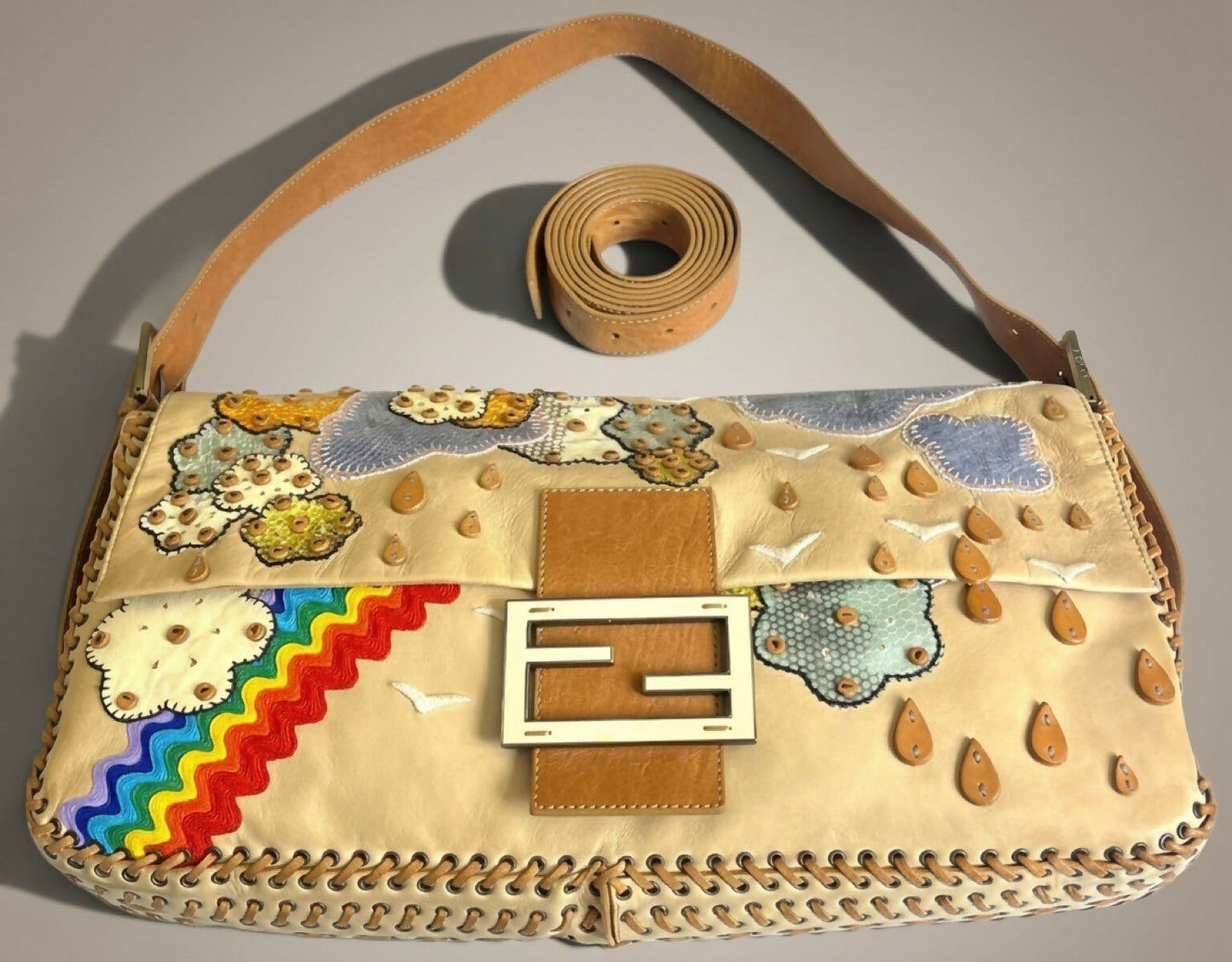 ULTRA RARE FENDI MAXI RAINBOW WHIPSTITCH EMBROIDERED 3WAY BAGUETTE BAG