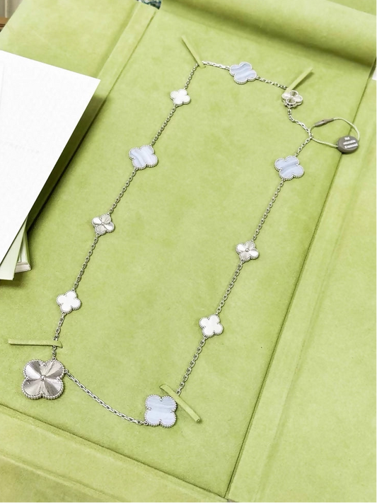 Van Cleef  Arpels Magic Alhambra long necklace in white gold, mother of pearl and chalcedony