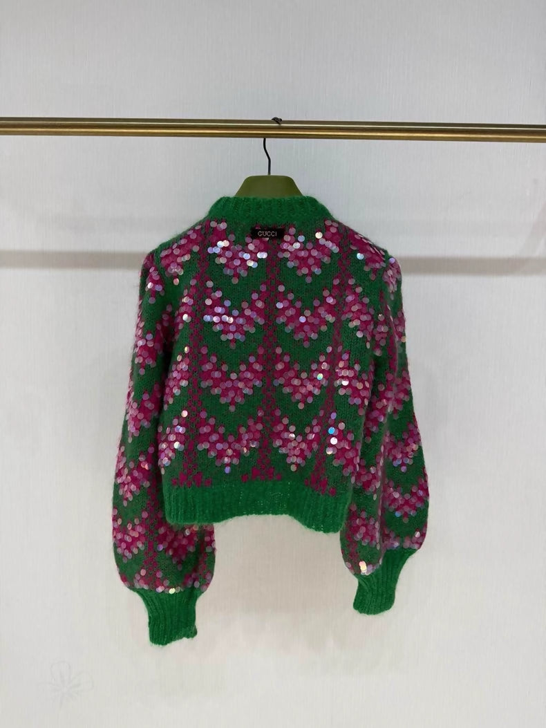 Gucci rhinestone sequined puff sleeve sweater